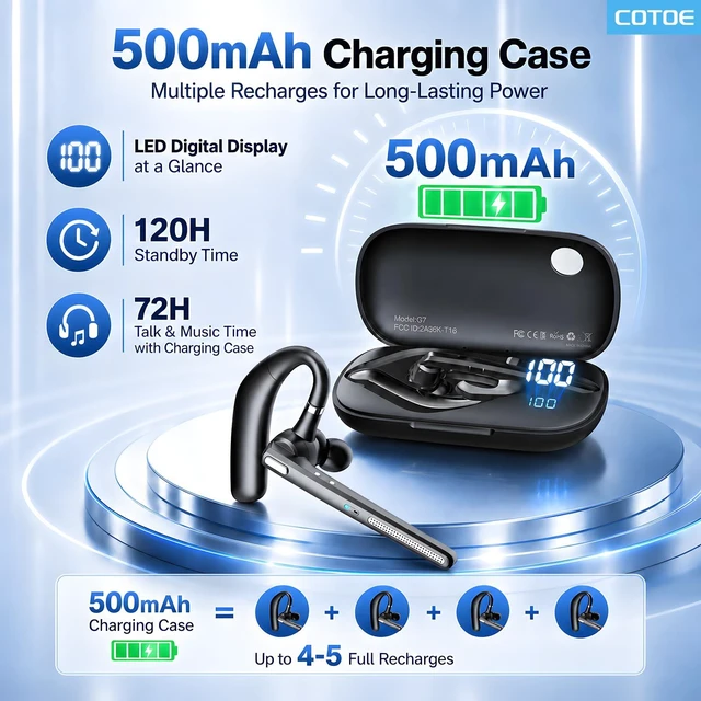 Alt view image 4 of 7 - Headset with Noise Cancelling Mic,Wireless Earpiece for Trucker | Bluetooth V5.3 Earpiece with Mute Button for Work,DrivingHands-Free Headphones with 72-Hour Talk Time & 500mAh Charging Case