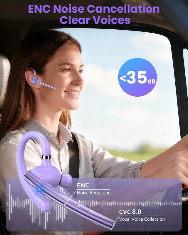 Alt view image 2 of 7 - Bluetooth Headset V5.1 72H Talk Dual Mic with Mute Button for Work, Wireless Hand-Free Bluetooth Earpiece with 500mAh Charging Case for Cell Phone Calls Driver (M54, Purple)
