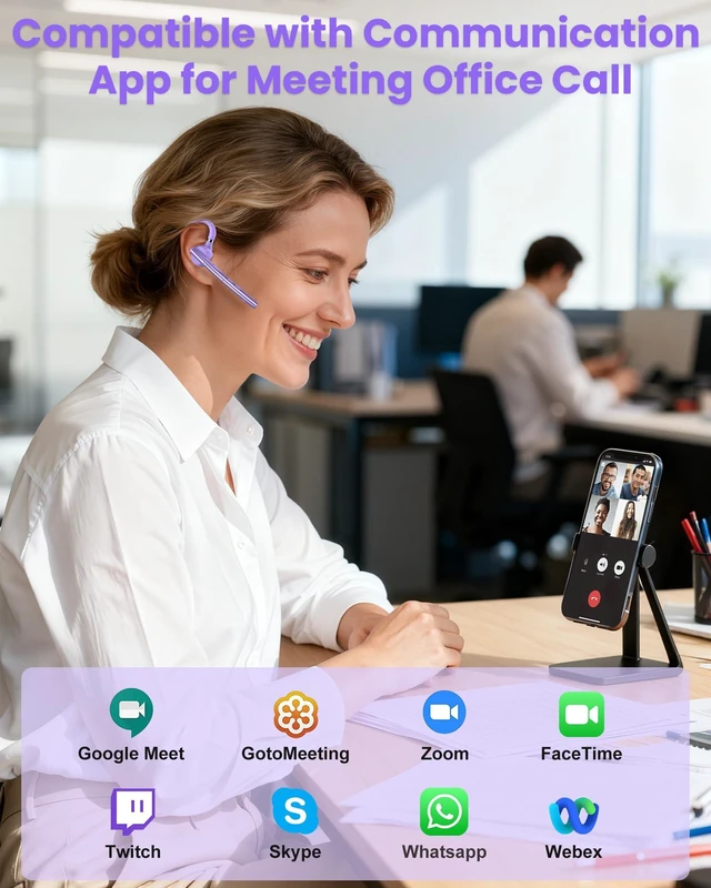 Alt view image 3 of 7 - Bluetooth Headset V5.1 72H Talk Dual Mic with Mute Button for Work, Wireless Hand-Free Bluetooth Earpiece with 500mAh Charging Case for Cell Phone Calls Driver (M54, Purple)