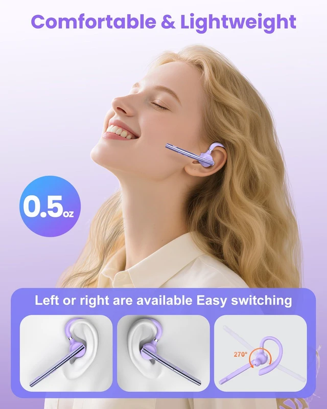 Alt view image 4 of 7 - Bluetooth Headset V5.1 72H Talk Dual Mic with Mute Button for Work, Wireless Hand-Free Bluetooth Earpiece with 500mAh Charging Case for Cell Phone Calls Driver (M54, Purple)