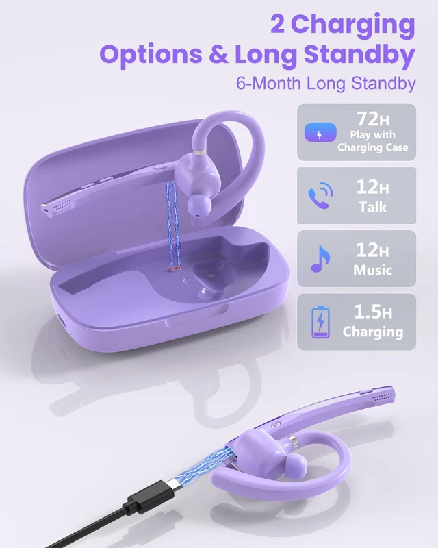 Alt view image 5 of 7 - Bluetooth Headset V5.1 72H Talk Dual Mic with Mute Button for Work, Wireless Hand-Free Bluetooth Earpiece with 500mAh Charging Case for Cell Phone Calls Driver (M54, Purple)