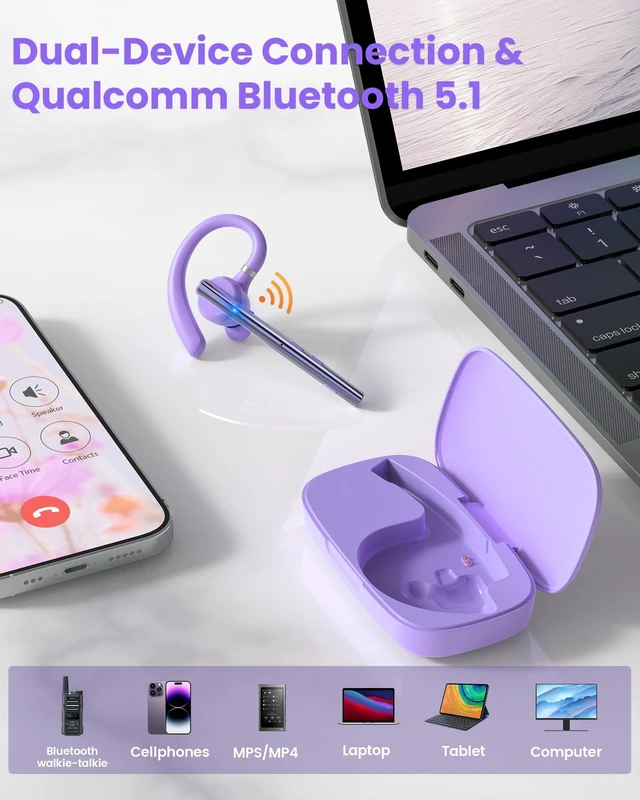 Alt view image 6 of 7 - Bluetooth Headset V5.1 72H Talk Dual Mic with Mute Button for Work, Wireless Hand-Free Bluetooth Earpiece with 500mAh Charging Case for Cell Phone Calls Driver (M54, Purple)