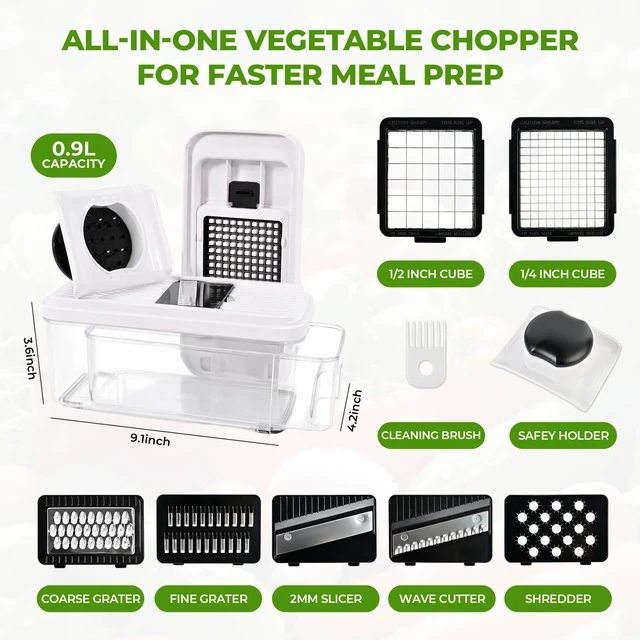 Alt view image 2 of 7 - Vegetable Chopper with Pull-Out Container, 7-Blade Mandolin Slicer | Veggie, Onion Slicer, Dicer & Grater, 7 Sharp Stainless Steel Blades, Ideal for 1-2 People & Daily Quick Meal Prep (White)