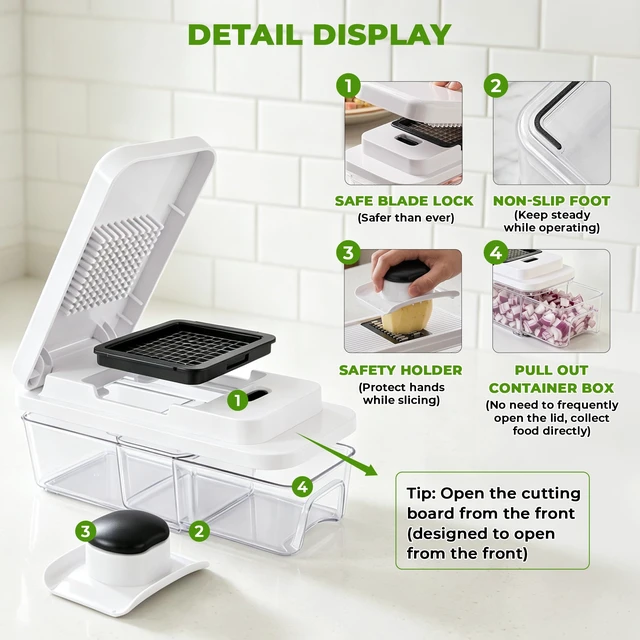 Alt view image 3 of 7 - Vegetable Chopper with Pull-Out Container, 7-Blade Mandolin Slicer | Veggie, Onion Slicer, Dicer & Grater, 7 Sharp Stainless Steel Blades, Ideal for 1-2 People & Daily Quick Meal Prep (White)