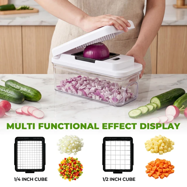 Alt view image 4 of 7 - Vegetable Chopper with Pull-Out Container, 7-Blade Mandolin Slicer | Veggie, Onion Slicer, Dicer & Grater, 7 Sharp Stainless Steel Blades, Ideal for 1-2 People & Daily Quick Meal Prep (White)