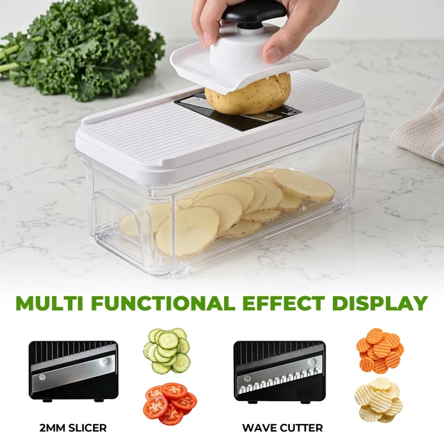 Alt view image 5 of 7 - Vegetable Chopper with Pull-Out Container, 7-Blade Mandolin Slicer | Veggie, Onion Slicer, Dicer & Grater, 7 Sharp Stainless Steel Blades, Ideal for 1-2 People & Daily Quick Meal Prep (White)