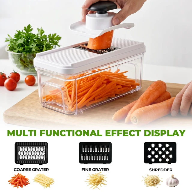 Alt view image 6 of 7 - Vegetable Chopper with Pull-Out Container, 7-Blade Mandolin Slicer | Veggie, Onion Slicer, Dicer & Grater, 7 Sharp Stainless Steel Blades, Ideal for 1-2 People & Daily Quick Meal Prep (White)