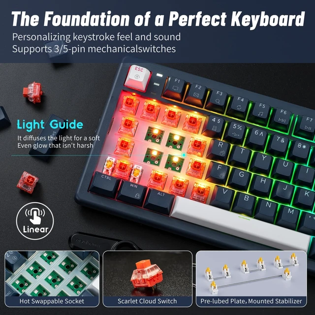 Alt view image 4 of 7 - Wireless Mechanical Keyboard with Wrist Rest,Tri-Mode BT5.0/2.4GHz/USB-C Hot Swappable Custom Keyboard,Pre-lubed Linear Switches,RGB Backlit Computer Gaming Keyboards for PC/Tablet/PS/Xbox
