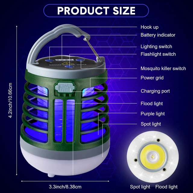 Alt view image 2 of 7 - 2 Pcs 3 in 1 Bug Zapper USB Rechargeable LED Camp Lantern, Green | Waterproof, Portable Mosquito Repellent, Outdoor, Indoor, SOS Emergency Light for Home, Backyard, Patio