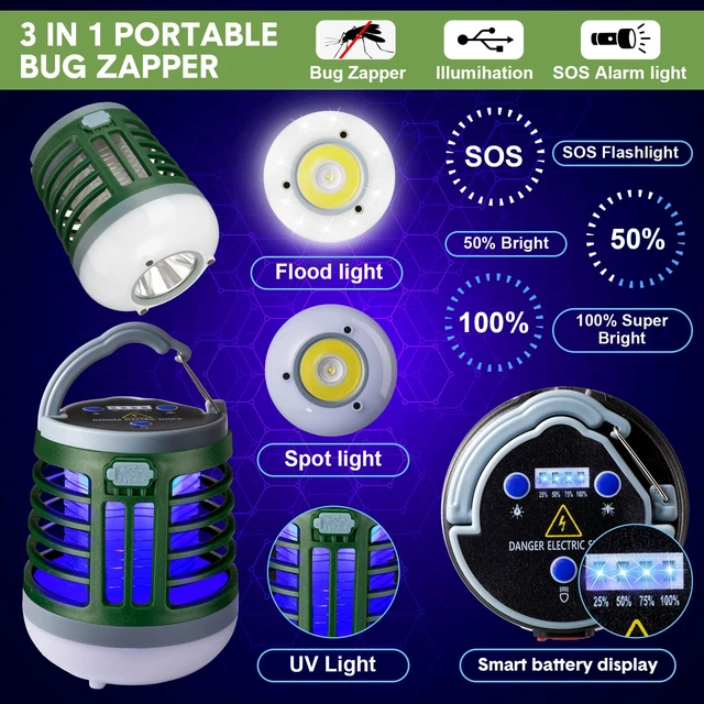 Alt view image 3 of 7 - 2 Pcs 3 in 1 Bug Zapper USB Rechargeable LED Camp Lantern, Green | Waterproof, Portable Mosquito Repellent, Outdoor, Indoor, SOS Emergency Light for Home, Backyard, Patio