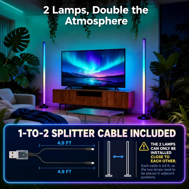 Alt view image 2 of 7 - 2 Pack ICRGB Corner Floor Lamp | App & Remote, Music Sync, 16 Million Colors, Timer, Modern Standing Mood Light, For Bedroom Living Room Gaming Classroom