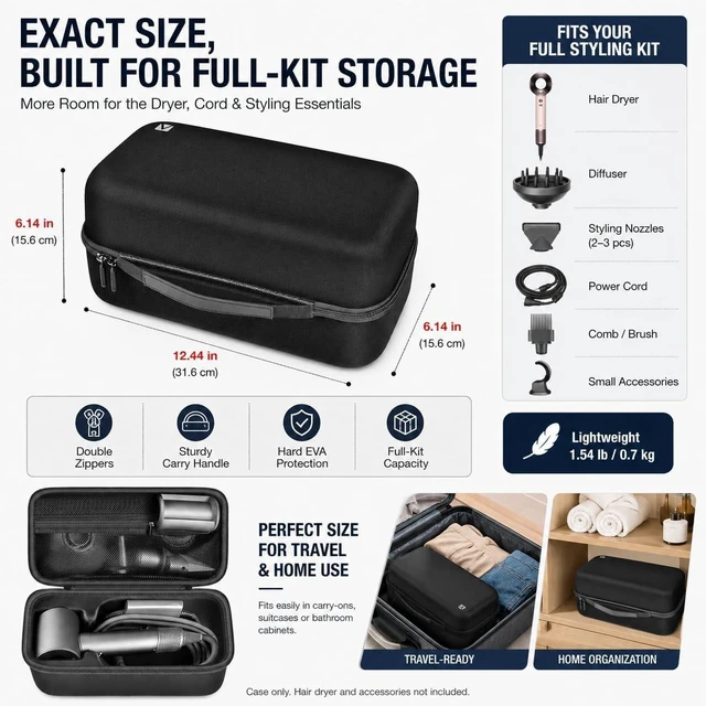Alt view image 4 of 7 - Case Holder for Dyson Supersonic Hair Dryer, Blow Dryer Storage Bag | Protective Hard Shell, Hair Dryer & Accessory Storage, Travel Carrying Case, Case Only, For Home Salons & Travel, Full Black