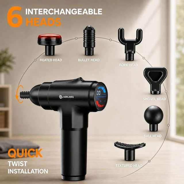Alt view image 4 of 7 - Massage Gun with Heat Muscle Massager Deep Tissue Gifts for Men | Percussion Handheld Body Back Shoulder Leg Electric Massager Gun Birthday Gifts For Him 6 Heads&Silent Carrying Case 7.4V