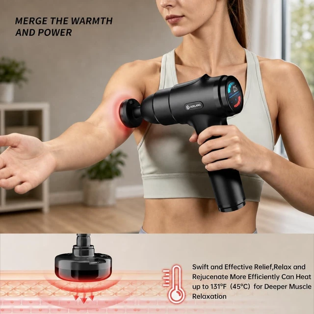Alt view image 7 of 7 - Massage Gun with Heat Muscle Massager Deep Tissue Gifts for Men | Percussion Handheld Body Back Shoulder Leg Electric Massager Gun Birthday Gifts For Him 6 Heads&Silent Carrying Case 7.4V