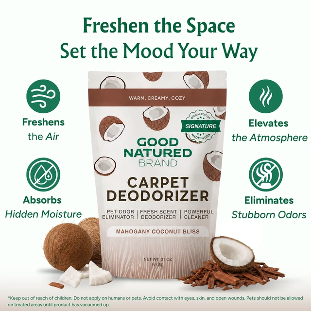 Alt view image 2 of 7 - Carpet Deodorizer & Air Freshener Powder, 31oz | Odor Eliminator & Moisture Absorber | Home, Pet Zones, Car Interior | Fabric, Shoes, Closet, Laundry | Mahogany Coconut Bliss
