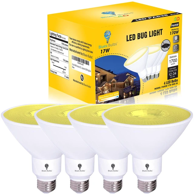 Main image of 4 Pack PAR38 Amber Yellow LED Bug Light Bulb Outdoor LED Flood Light Bulb 17W 170 Watt Equivalent Dimmable Waterproof E26 Bug LED Yellow Light Bulbs Warm Bug-Free Lighting for Home Insect Repellent