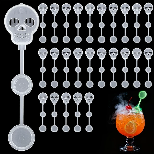Main image of 25 Pcs Halloween Dry Ice Swizzle Sticks Glow in Dark Skull Plastic Stirrers | Smoky Cocktails, Coffee Spooky Party Decor for Home Bar, Themed Event