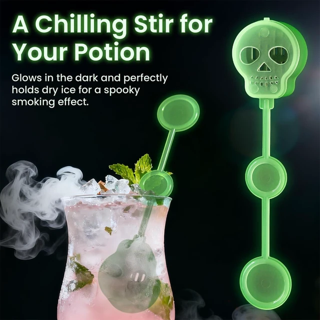 Alt view image 2 of 7 - 25 Pcs Halloween Dry Ice Swizzle Sticks Glow in Dark Skull Plastic Stirrers | Smoky Cocktails, Coffee Spooky Party Decor for Home Bar, Themed Event