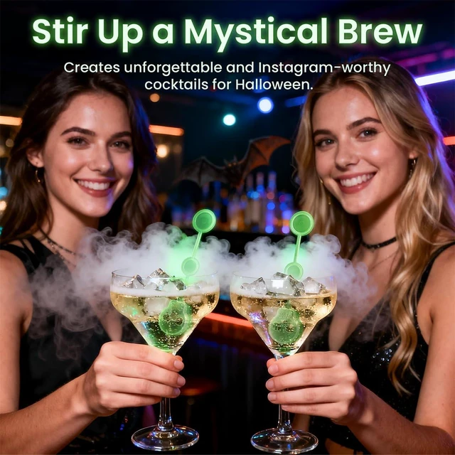 Alt view image 3 of 7 - 25 Pcs Halloween Dry Ice Swizzle Sticks Glow in Dark Skull Plastic Stirrers | Smoky Cocktails, Coffee Spooky Party Decor for Home Bar, Themed Event