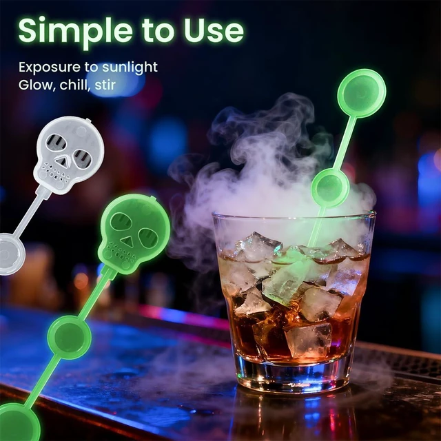 Alt view image 4 of 7 - 25 Pcs Halloween Dry Ice Swizzle Sticks Glow in Dark Skull Plastic Stirrers | Smoky Cocktails, Coffee Spooky Party Decor for Home Bar, Themed Event