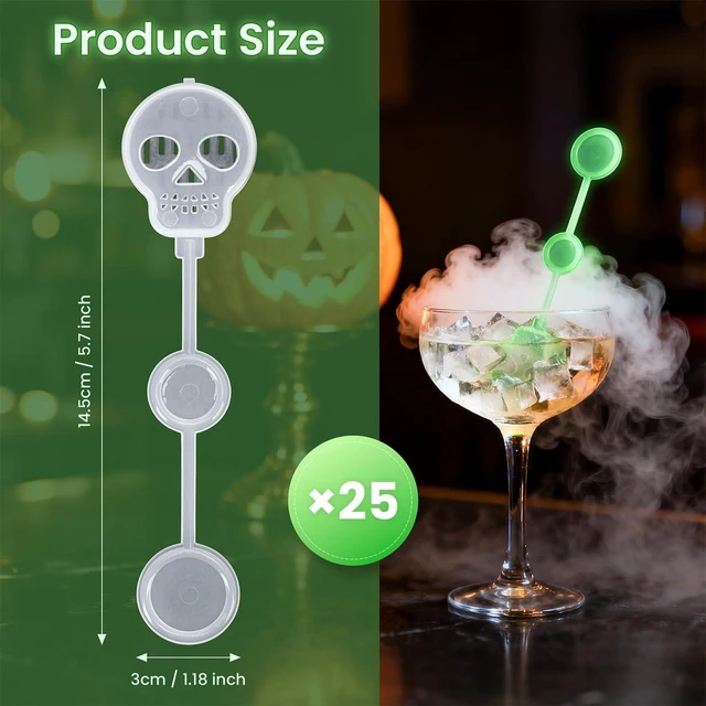 Alt view image 5 of 7 - 25 Pcs Halloween Dry Ice Swizzle Sticks Glow in Dark Skull Plastic Stirrers | Smoky Cocktails, Coffee Spooky Party Decor for Home Bar, Themed Event