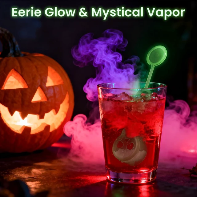 Alt view image 6 of 7 - 25 Pcs Halloween Dry Ice Swizzle Sticks Glow in Dark Skull Plastic Stirrers | Smoky Cocktails, Coffee Spooky Party Decor for Home Bar, Themed Event