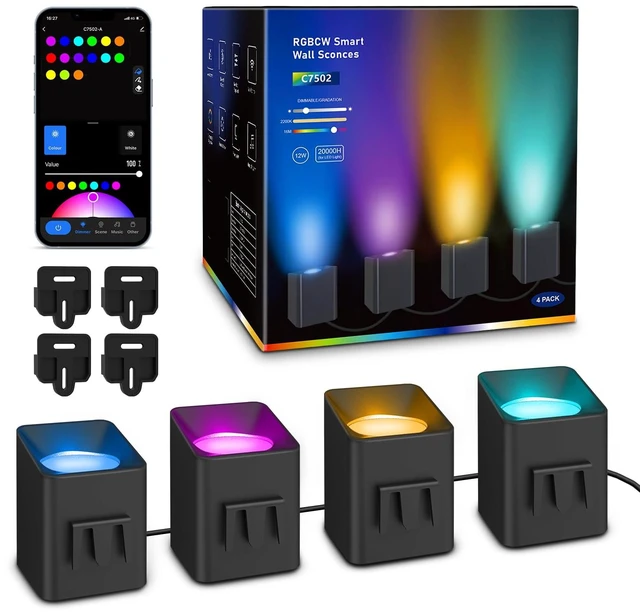 Main image of Wall Sconces 4 Pack, LED Wall Lights RGBCW 8FT with Ambient Lighting | Smart Up Lights Indoor, Dimmable Sconce Lights, Music Sync, for Living Room/Bedroom/Game Room, Home Decor, Alexa Compatible