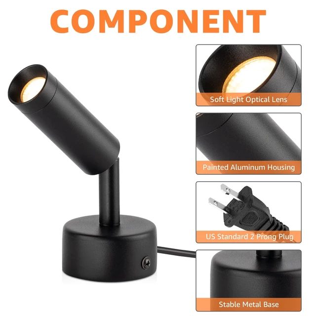 Alt view image 6 of 7 - 2 Pack 3W Plug in Spotlight Indoor 3000K LED Floor Uplighting Indoor | 120V Small Spot Lights, 5.9 FT Plug Cord with Foot Switch, Accent Lighting for Plants, Artworks, Corners