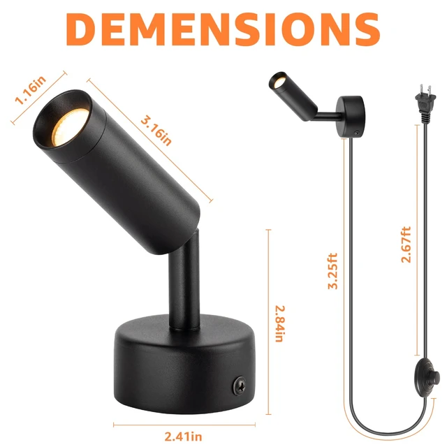 Alt view image 7 of 7 - 2 Pack 3W Plug in Spotlight Indoor 3000K LED Floor Uplighting Indoor | 120V Small Spot Lights, 5.9 FT Plug Cord with Foot Switch, Accent Lighting for Plants, Artworks, Corners