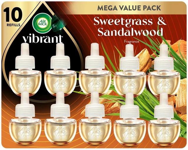 Main image of Plug in Refills, Sweetgrass & Sandalwood, Essential Oil, 10 Count | Air Wick refills for plug ins, Air Wick Plug-In Scented Oil Refills, Sweetgrass & Sandalwood Air Freshener in a 10-count.