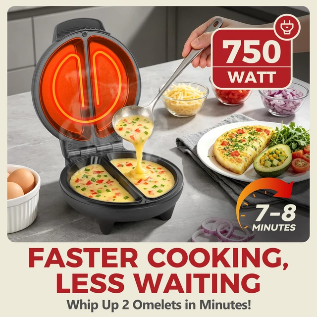 Alt view image 3 of 7 - Dual-zone Omelette Maker Electric, Omelette Pan for 2 Individual 6.5 Omelets & Egg Frittata, Ceramic Coating omlet maker electric Nonstick, Breakfast omelet Maker, Graphite