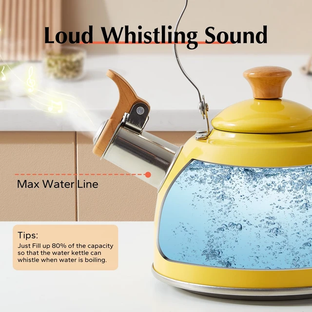 Alt view image 2 of 7 - Whistling Tea Kettle, Tea Pot All Stovetop Safe, 1.6 Quart Yellow | Non Toxic Tea Kettle for Stove with Cool Ergonomic Handle, Fast Boil Whistling Tea Pot for Induction, Gas, Electric