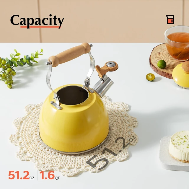 Alt view image 3 of 7 - Whistling Tea Kettle, Tea Pot All Stovetop Safe, 1.6 Quart Yellow | Non Toxic Tea Kettle for Stove with Cool Ergonomic Handle, Fast Boil Whistling Tea Pot for Induction, Gas, Electric