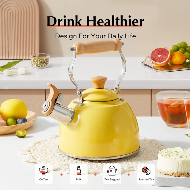 Alt view image 6 of 7 - Whistling Tea Kettle, Tea Pot All Stovetop Safe, 1.6 Quart Yellow | Non Toxic Tea Kettle for Stove with Cool Ergonomic Handle, Fast Boil Whistling Tea Pot for Induction, Gas, Electric