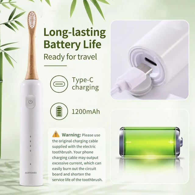 Alt view image 6 of 7 - Ultrasonic Oscillating Electric Toothbrush with Bamboo Heads | Wave Bamboo Electric Toothbrush with Smart Timer, Sweeping & Vibrating, 4 Modes, IPX7 Waterproof, 90-Day Battery Life