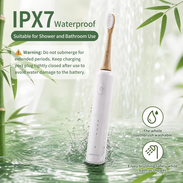 Alt view image 7 of 7 - Ultrasonic Oscillating Electric Toothbrush with Bamboo Heads | Wave Bamboo Electric Toothbrush with Smart Timer, Sweeping & Vibrating, 4 Modes, IPX7 Waterproof, 90-Day Battery Life