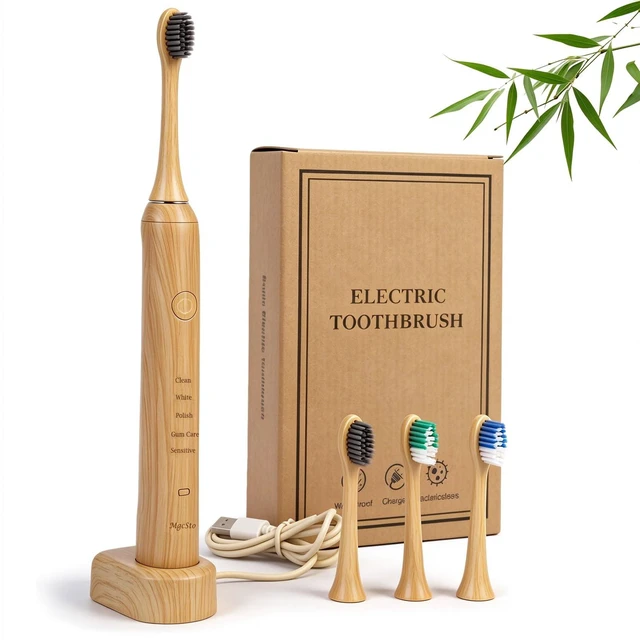 Main image of Natural Bamboo Electric Toothbrush for Adults5 Cleaning Modes | 4 Pack Bamboo Replacement Brush Heads, 4000VPM, 40 Days Long-Lasting Battery, IPX7 Waterproof, Rechargeable