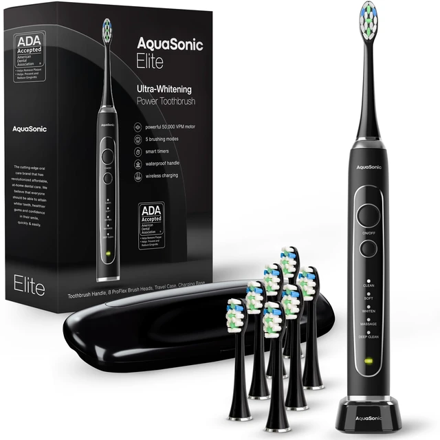 Main image of Elite Ultra-Whitening Toothbrush ADA Accepted Power Toothbrush - 8 Proflex Brush Heads & Travel Case 50,000 VPM Motor & Wireless Charging - 5 Modes w Smart Timer (Black)
