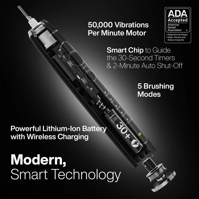 Alt view image 2 of 7 - Elite Ultra-Whitening Toothbrush ADA Accepted Power Toothbrush - 8 Proflex Brush Heads & Travel Case 50,000 VPM Motor & Wireless Charging - 5 Modes w Smart Timer (Black)