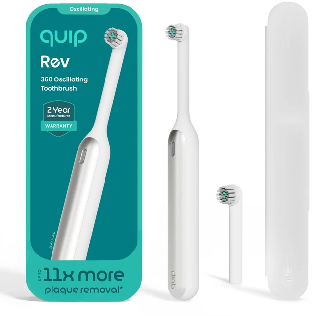 Main image of Rev Oscillating Electric Toothbrush, Mirror Mount, Travel, Silver | Pressure Sensor, 3 Intensities, Rotating Brush Head, 30-Day Battery Life, 2-Min Timer, Travel Case, Mirror Mount