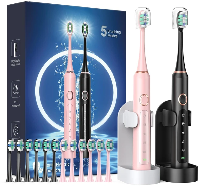 Main image of 2 Pack Electric Toothbrush for Adults - 2 Rechargeable Electric Toothbrushes with 12 Brush Heads & 2 Travel Case, Power Electric Toothbrush with Holder, 3 Hrs Charge for 120 Days - Black+Pink