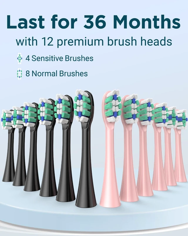 Alt view image 4 of 7 - 2 Pack Electric Toothbrush for Adults - 2 Rechargeable Electric Toothbrushes with 12 Brush Heads & 2 Travel Case, Power Electric Toothbrush with Holder, 3 Hrs Charge for 120 Days - Black+Pink