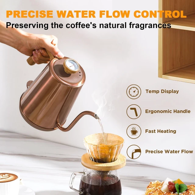 Alt view image 2 of 7 - Electric Gooseneck Kettle with Thermometer, 1.0L Pour Over Hot Water Kettle for Coffee and Tea, 1000W, Auto Shutoff, Boil-Dry Protection,Copper