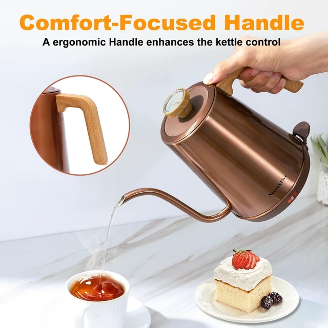 Alt view image 6 of 7 - Electric Gooseneck Kettle with Thermometer, 1.0L Pour Over Hot Water Kettle for Coffee and Tea, 1000W, Auto Shutoff, Boil-Dry Protection,Copper