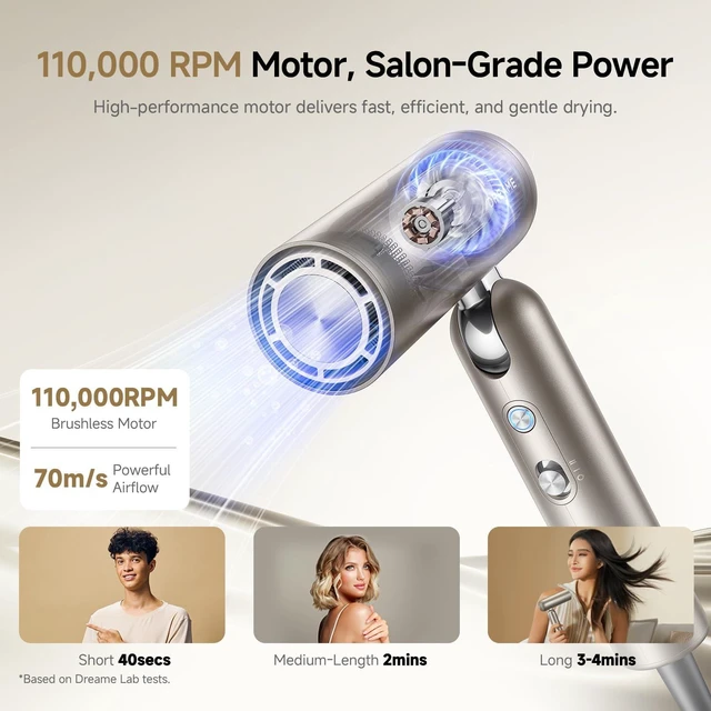 Alt view image 4 of 7 - Pocket Hair Dryer 2026 New- Lightweight Foldable Blow Dryer with Diffuser, Fast Drying, High-Speed Brushless Motor, 300M Negative Ions, Low Noise, Portable for Home & Domestic Travel & Gym