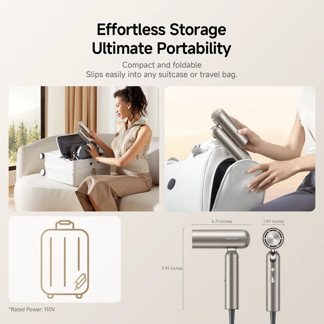 Alt view image 2 of 7 - Pocket Hair Dryer 2026 New- Lightweight Foldable Blow Dryer with Diffuser, Fast Drying, High-Speed Brushless Motor, 300M Negative Ions, Low Noise, Portable for Home & Domestic Travel & Gym
