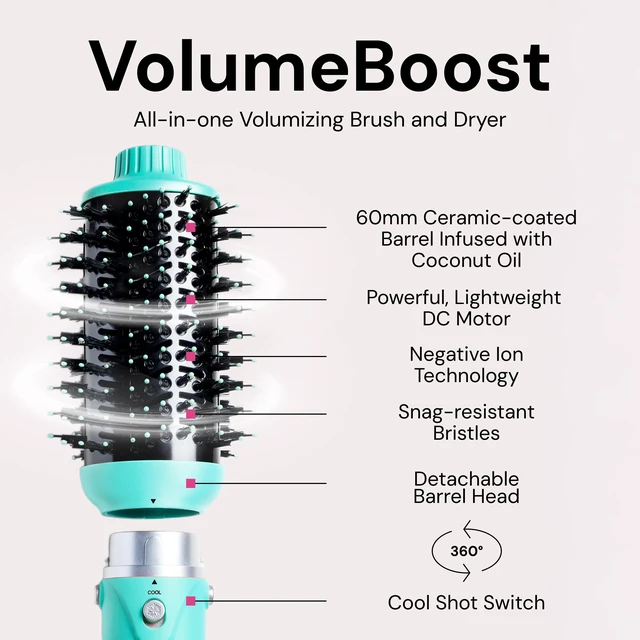 Alt view image 2 of 7 - VolumeBoost 60mm 2-in-1 Ceramic Volumizing Brush Dryer | Fast Drying & Styling for Frizz-Free, Voluminous Blowouts | Ceramic-Coated Barrel (Blue)