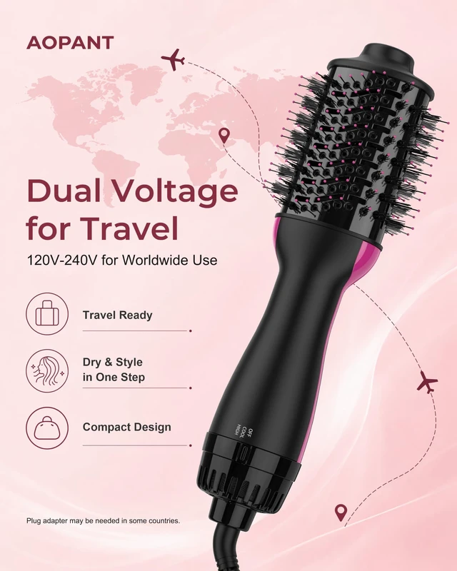 Alt view image 2 of 7 - Dual Voltage Mini Hair Dryer Brush Blow Dryer Brush in One, 110-240V 900W Travel Hot Air Brush Volumizer, 4-in-1 Styling Brush with Ceramic Titanium Barrel, Ionic Care, Cool & High Settings