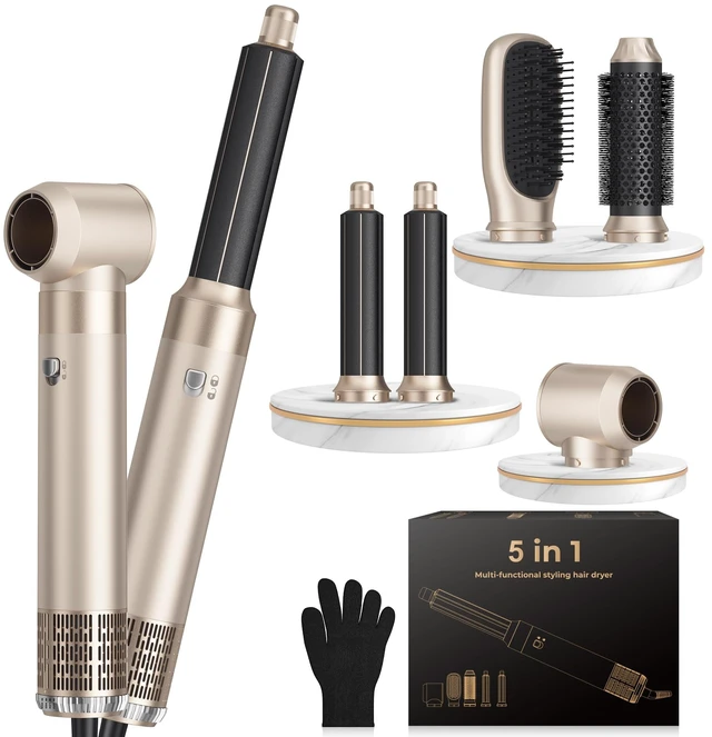 Main image of 5-in-1 Blow Dryer Brush, Hot Air Styler with Auto-Wrap Curlers | Dry, smooth, volumize and curl with 5 attachments, 3 heat settings, 700W power and 360° swivel cord; 110-120V.