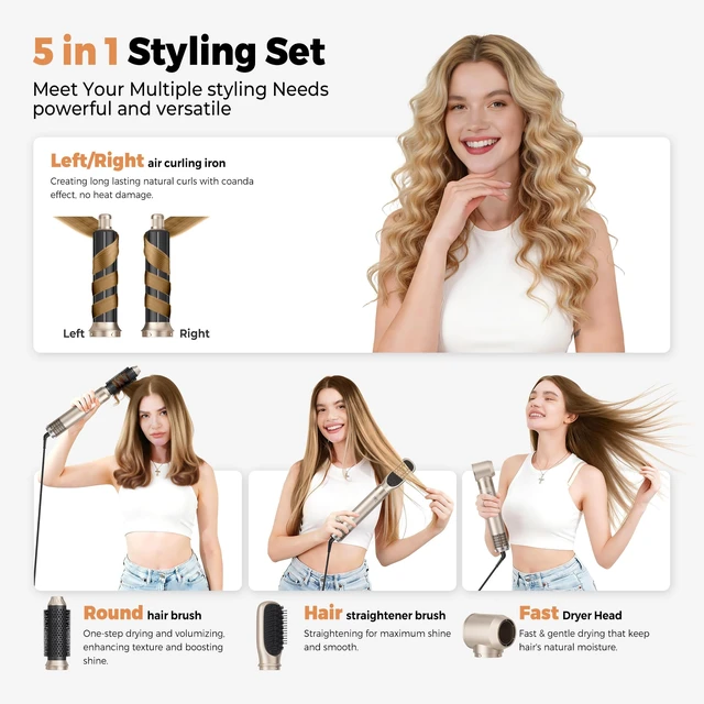 Alt view image 2 of 7 - 5-in-1 Blow Dryer Brush, Hot Air Styler with Auto-Wrap Curlers | Dry, smooth, volumize and curl with 5 attachments, 3 heat settings, 700W power and 360° swivel cord; 110-120V.